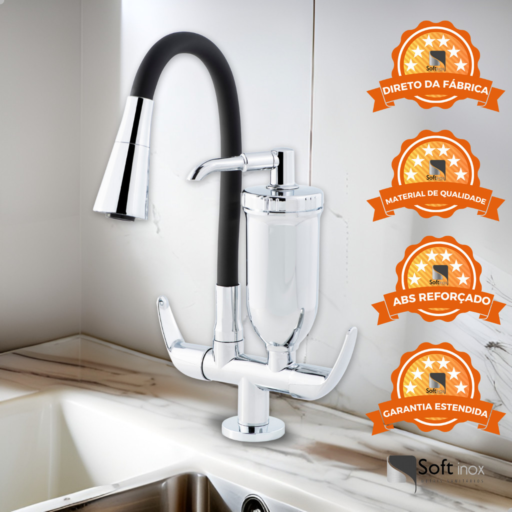 Torneira Filtro Gourmet Flexível Cozinha Bancada Preto/Cromo