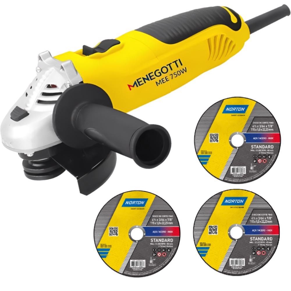Esmerilhadeira Angular 750W 4.1/2 POL MEE-750 MENEGOTTI + Disco de Corte Standard NORTON