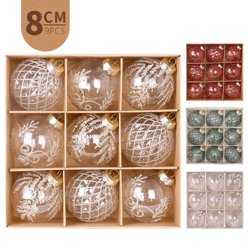 Bola de Natal 8cm Bola de Natal 9PCS Bola de Natal Transparente PET Pintada Conjunto de Bolas de Natal Pingente Árvore de Natal