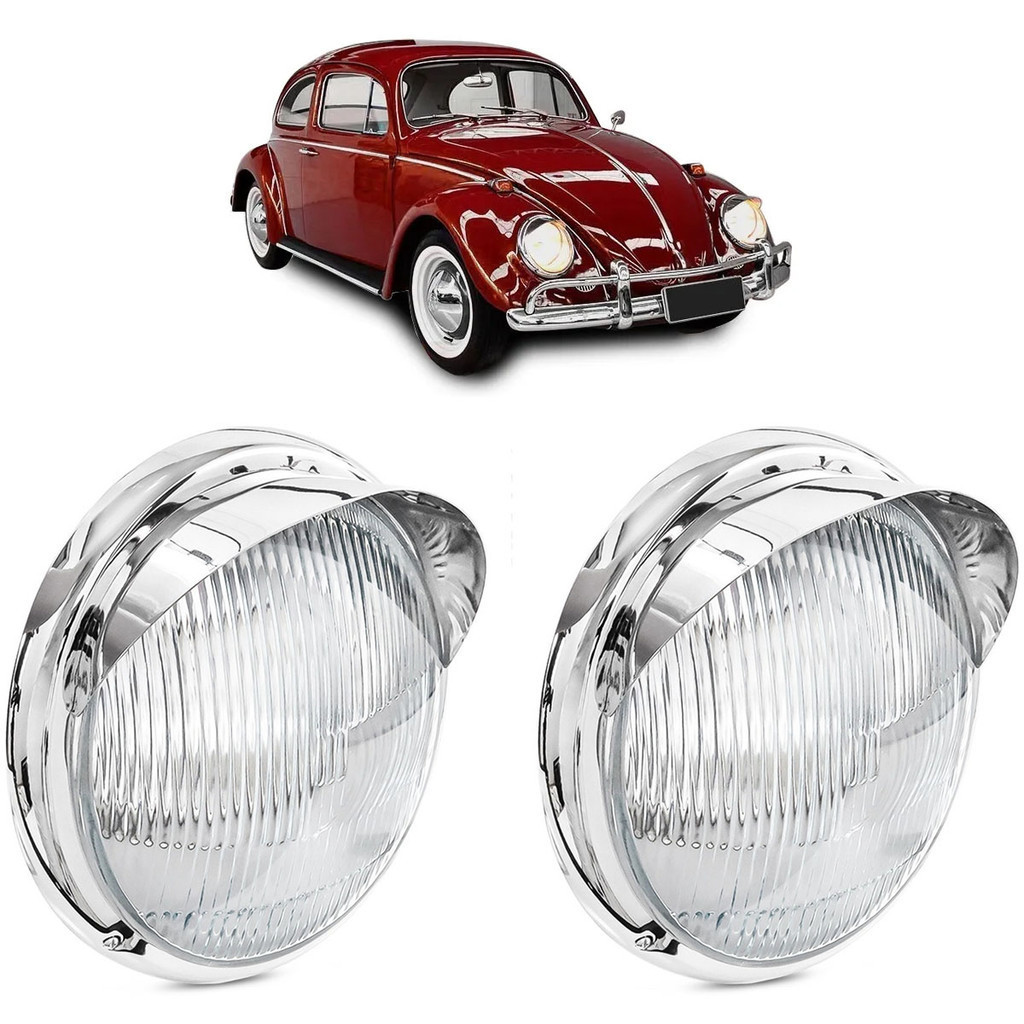 PAR FAROL OLHO BOI FUSCA LENTE RAIADA 63 A 72 SEM SOQUETE ARO CROMADO + PESTANA EM AÇO INOX