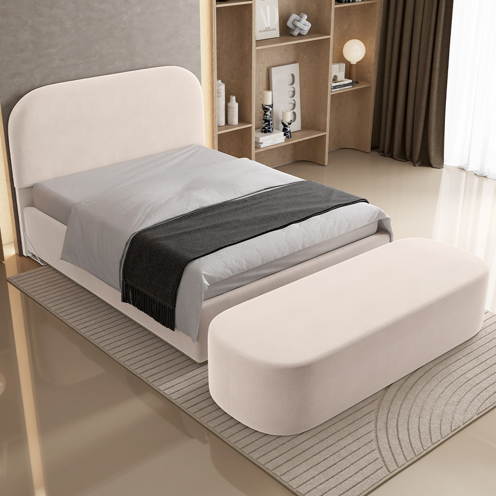 Cabeceira Cama Box Casal 140cm Lanna com Puff Recamier Doha W01 Suede Bege - Lyam Decor em Oferta na Shopee