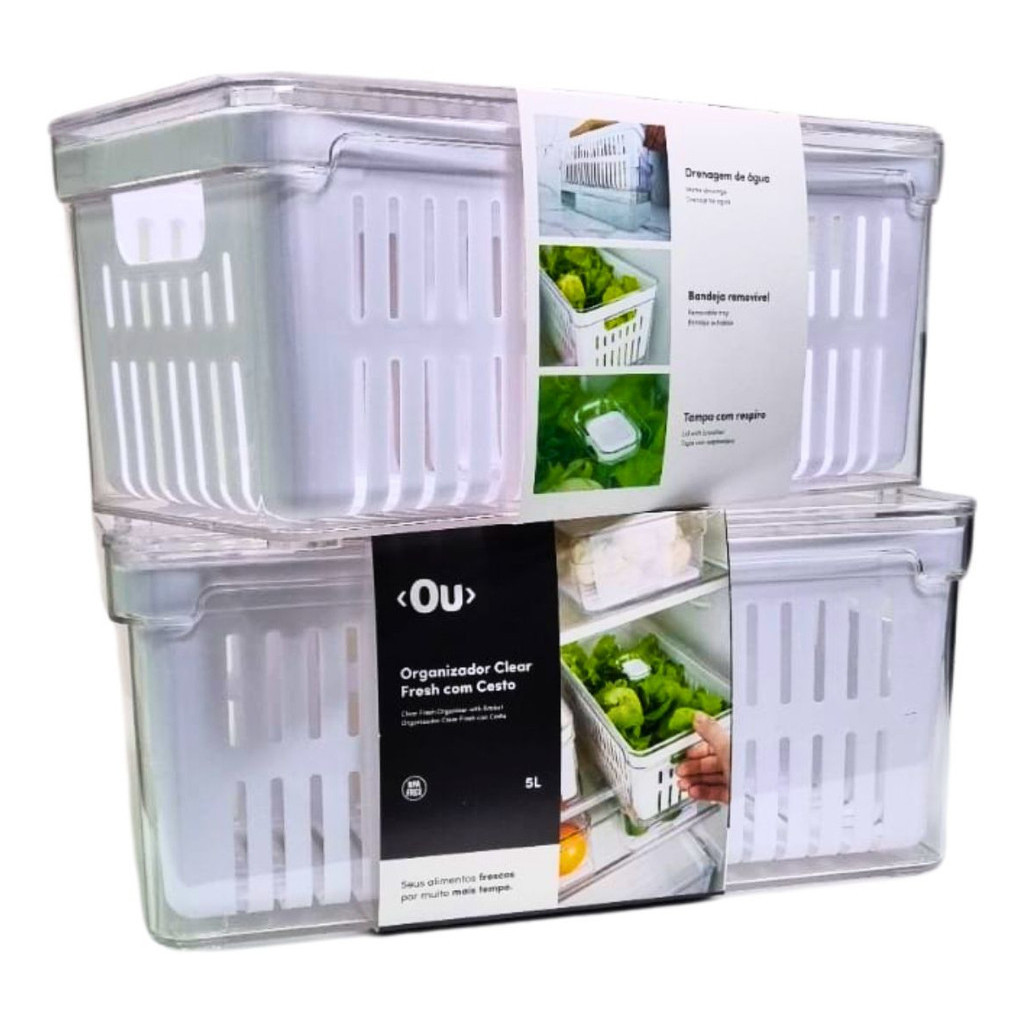 kit com 2 Pote Organizadores de Geladeira para Salada Frutas e Verduras com Cesto escorredor Clear Fresh em acrílico - 5 Litros