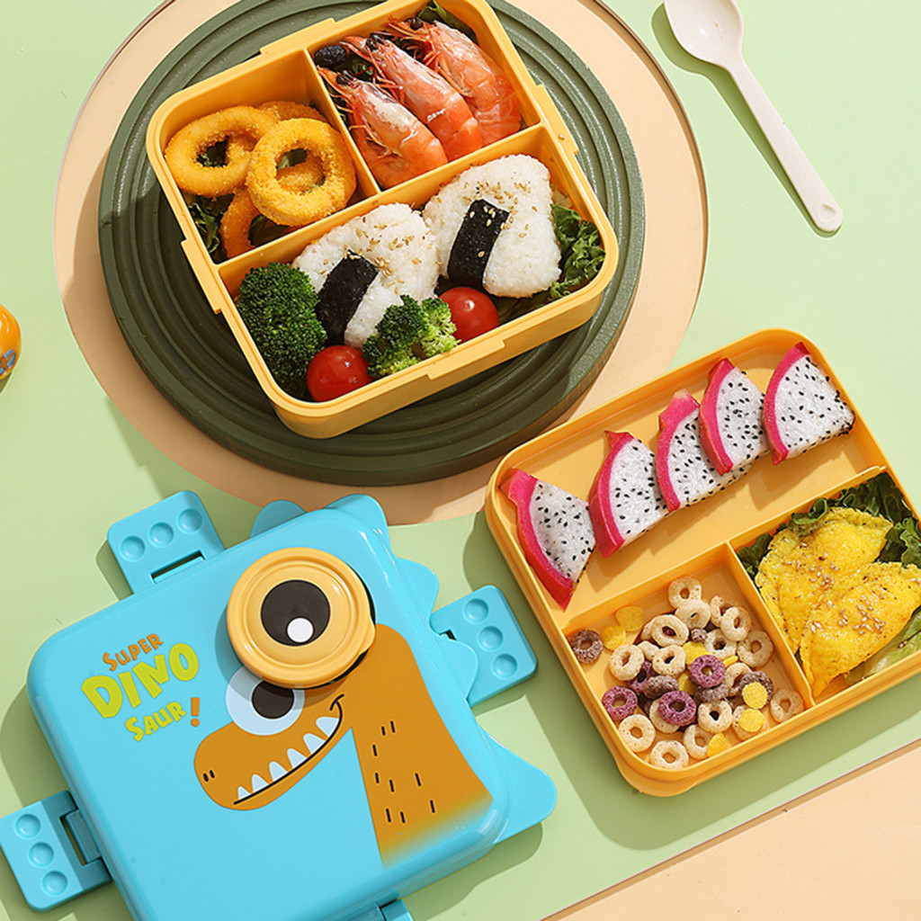 Snack Box with Sauce Cup Microwave Safe Lunch Container Adorable Dinosaur Bento for Kids Double Layer Leak-proof Bpa Free for School