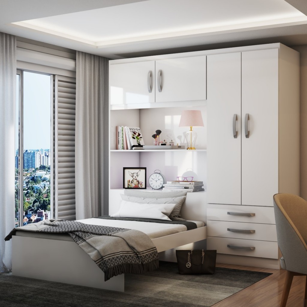 Guarda-Roupa Solteiro com Cama Liverpool 4 Portas 3 Gavetas Branco - Panorama Móveis - Home & Living