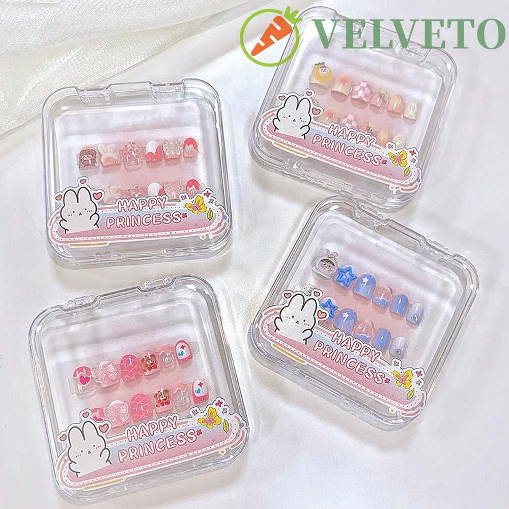 ELVETO 12Pcs/set Crianças Pregos Falsos , Flores Em Forma De Quadrado Curto Kids Cartoon Com Caixa Bowknot Press on Nails Nail Supplies Fake Extension Girls