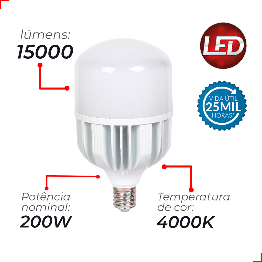Detalhes do Lampada Led Bulbo Hp 200w 4000k Branco Neutro E40 110v/220v Ip20 Branco Cod: 789040871 Avant