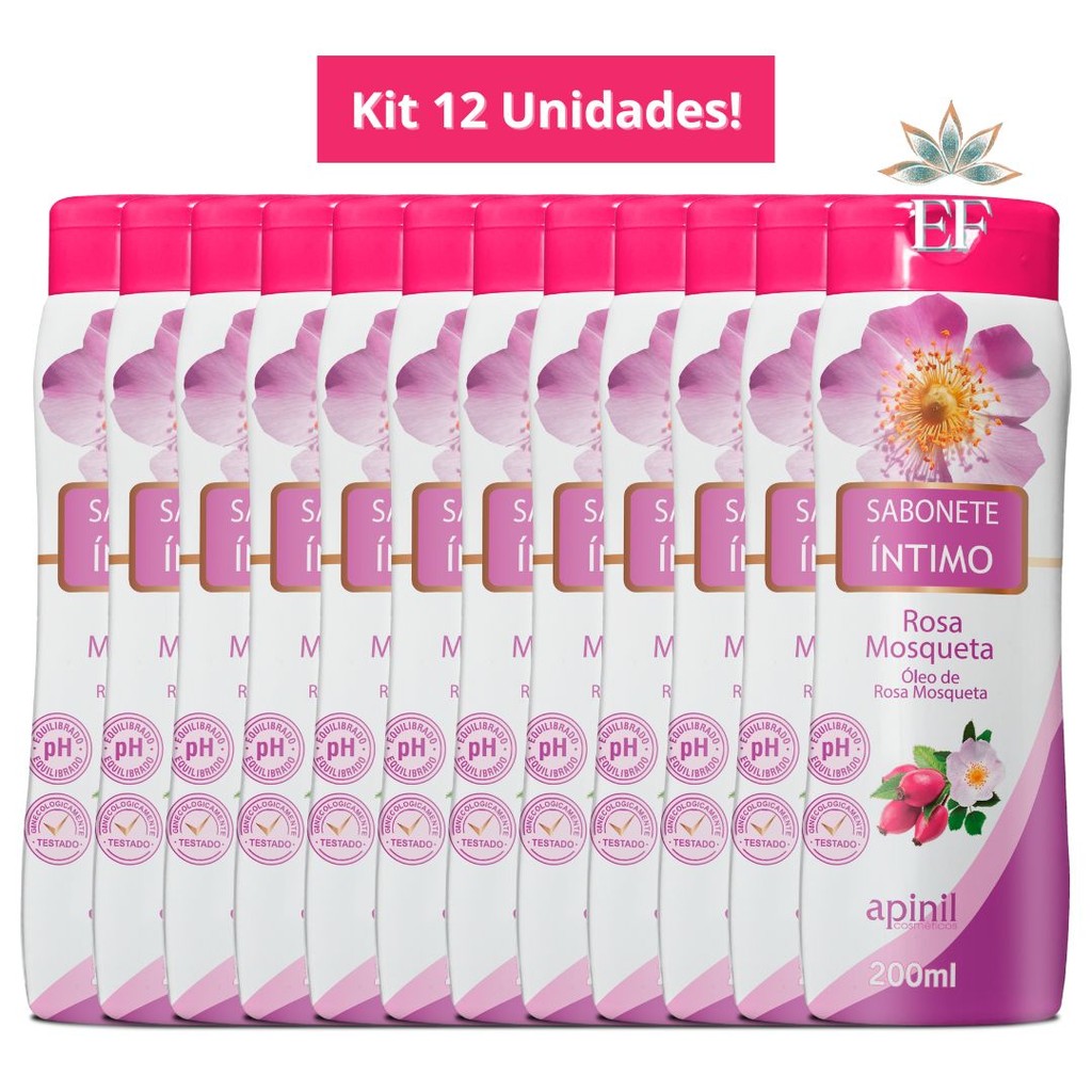Kit Com 12 Sabonetes Femininos Íntimos Rosa Mosqueta 200mL Apinil