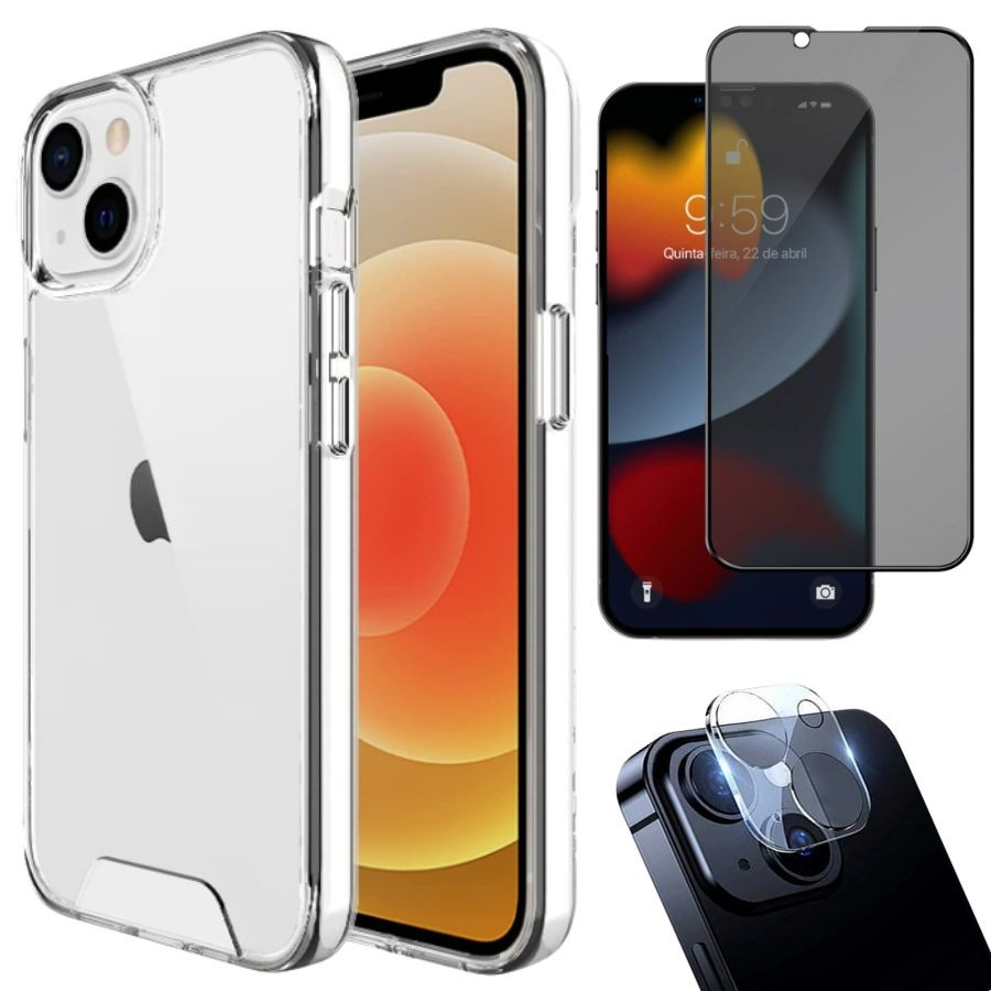 Kit 3em1 Compatível Com iPhone 14 Plus - Capa Clear Space + Película de Vidro 3D Privacidade + Película de Câmera