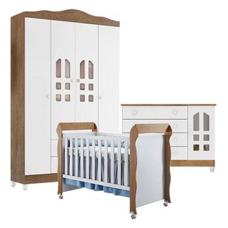 Quarto De Bebê New Selena 4 Portas Com Cômoda Gran Selena E Berço Mirelle Branco Amadeirado em Oferta na Shopee