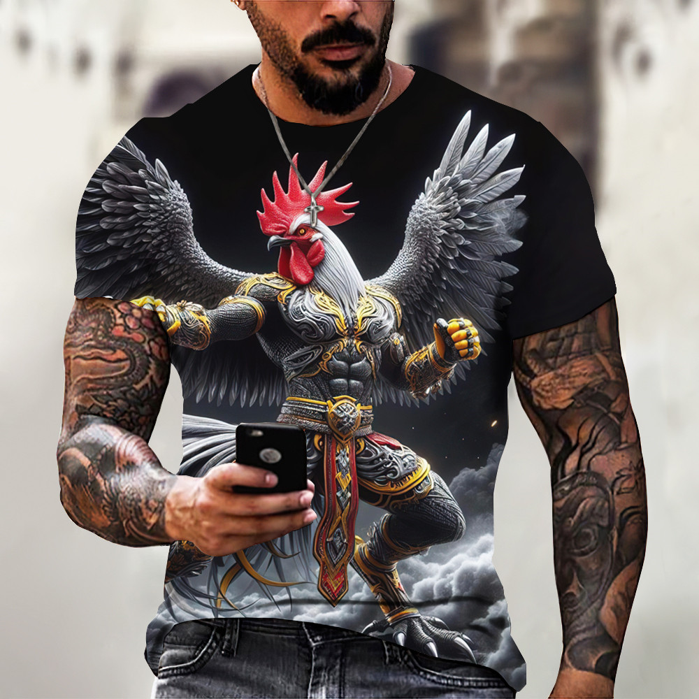 Impressão 3D Animal Camisetas Masculinas Engraçado Galo Herói Padrão Solto Manga Curta Topos Casual O-Pescoço Pulôver Ca
