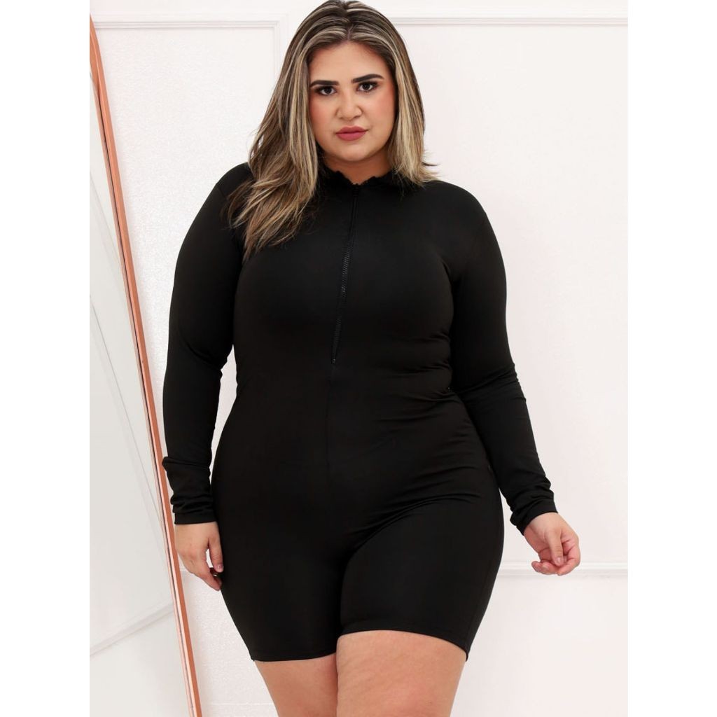 Macacao Feminino Manga Longa Short Justo Ziper Moda Balada Festa Ciclismo Natacao Fitness