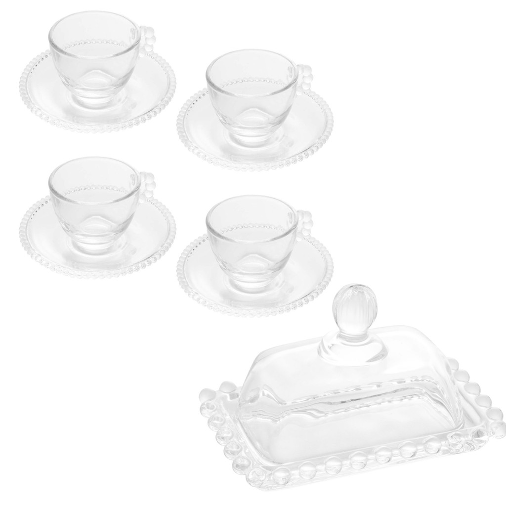 KIt Jogo de 4 Xícaras de Café com Pires 80ml Manteigueira 11x7cm Crystal Pearl Wolff
