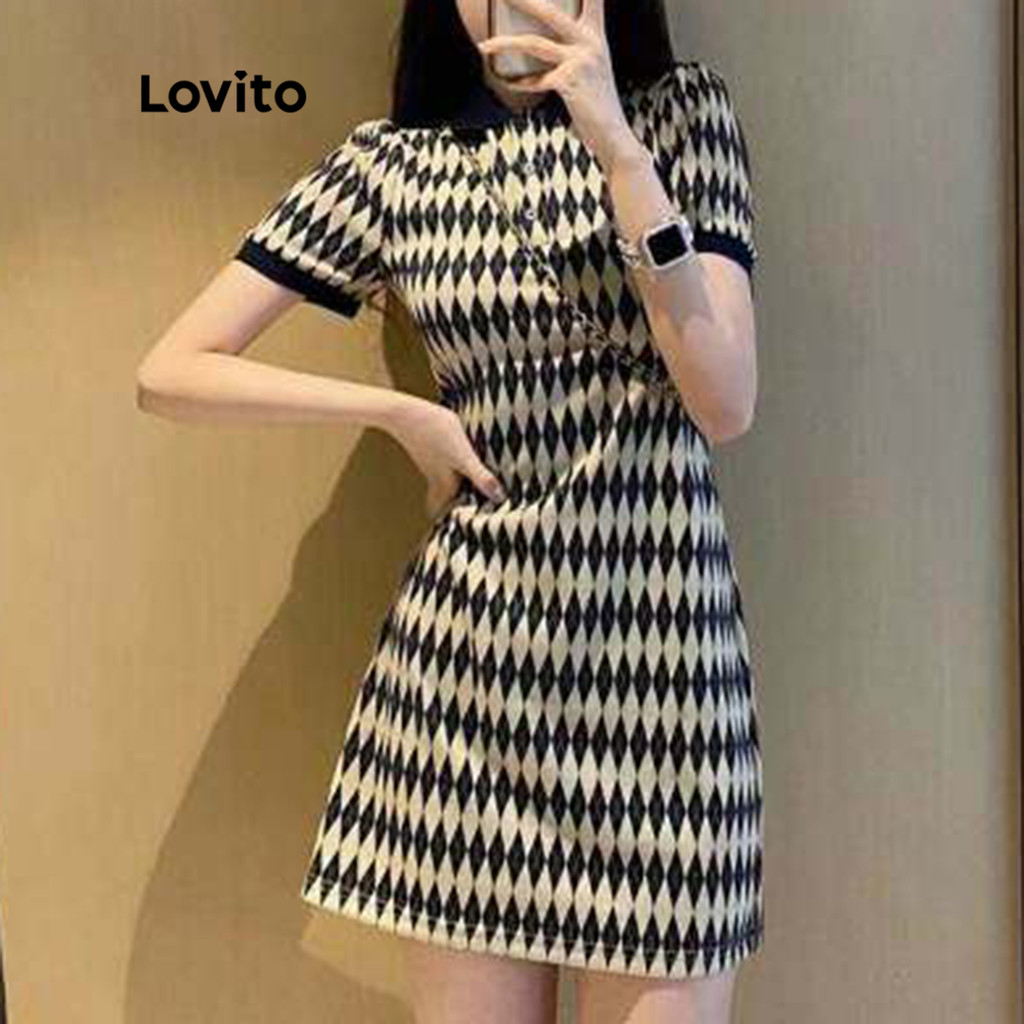 Lovito Minivestido Feminino Casual Argyle Com Decote Redondo E Decote Redondo LNA06010 (Mu...