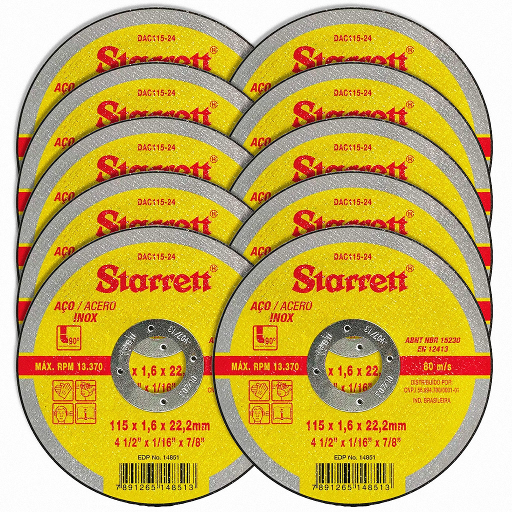 Kit 10 Discos de Corte 115mm Starrett para Aço e Inox Abrasivo DAC115-24 - Home & Living