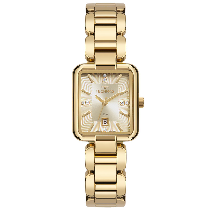 Relogio Technos original feminino pequeno quadrado dourado banhado cravejado pulseira elos sofisticado luxo 2015CET/1X