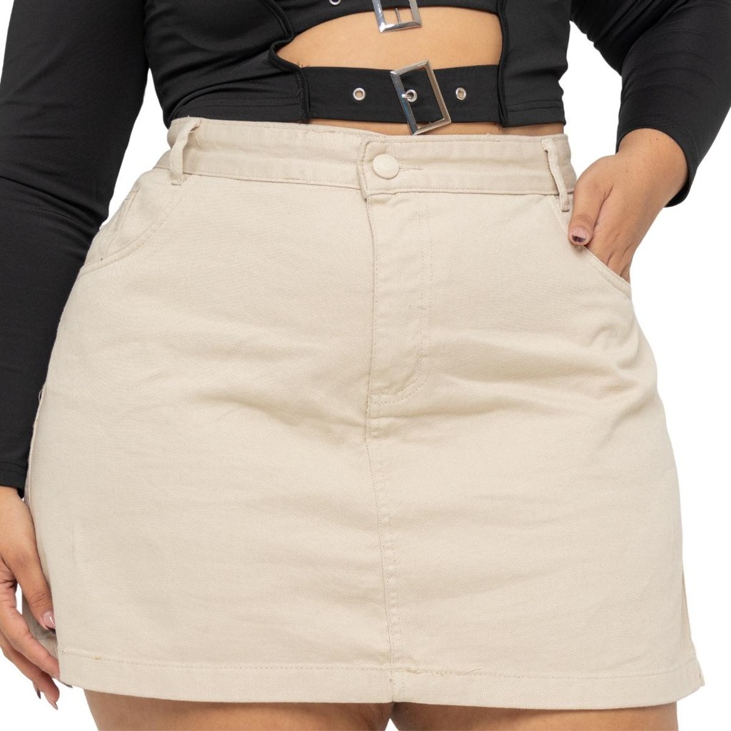 Saia Jeans Plus Size Bege Lisa Cintura Alta Barra Feita em Oferta na Shopee