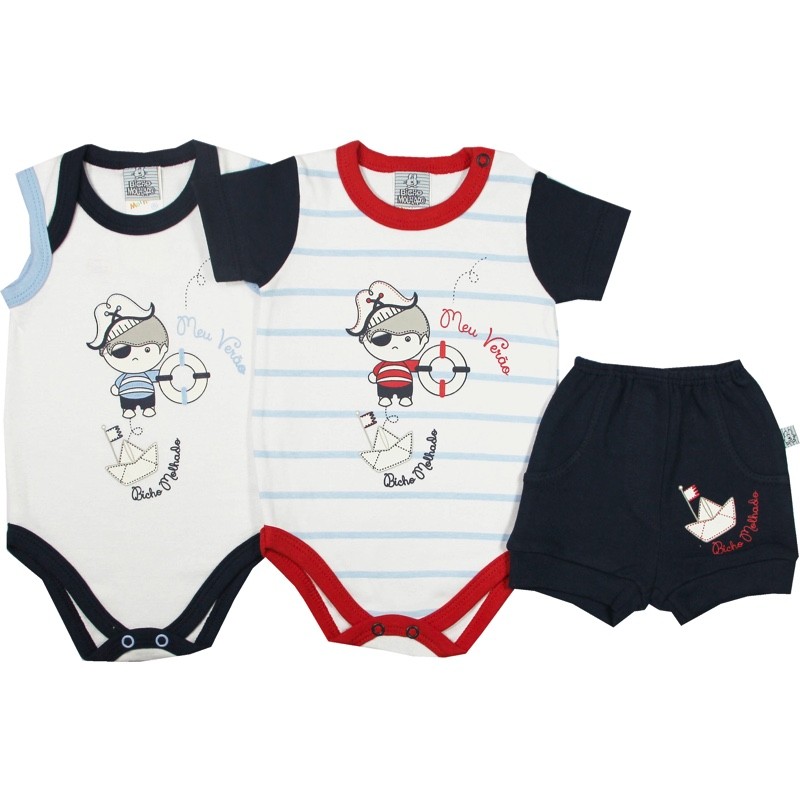 Conjunto Com 2 Bodys (Sendo 1 Body Manga Curta e 1 Regata ) Estampa Meu Verão + 1 Shorts Estampado