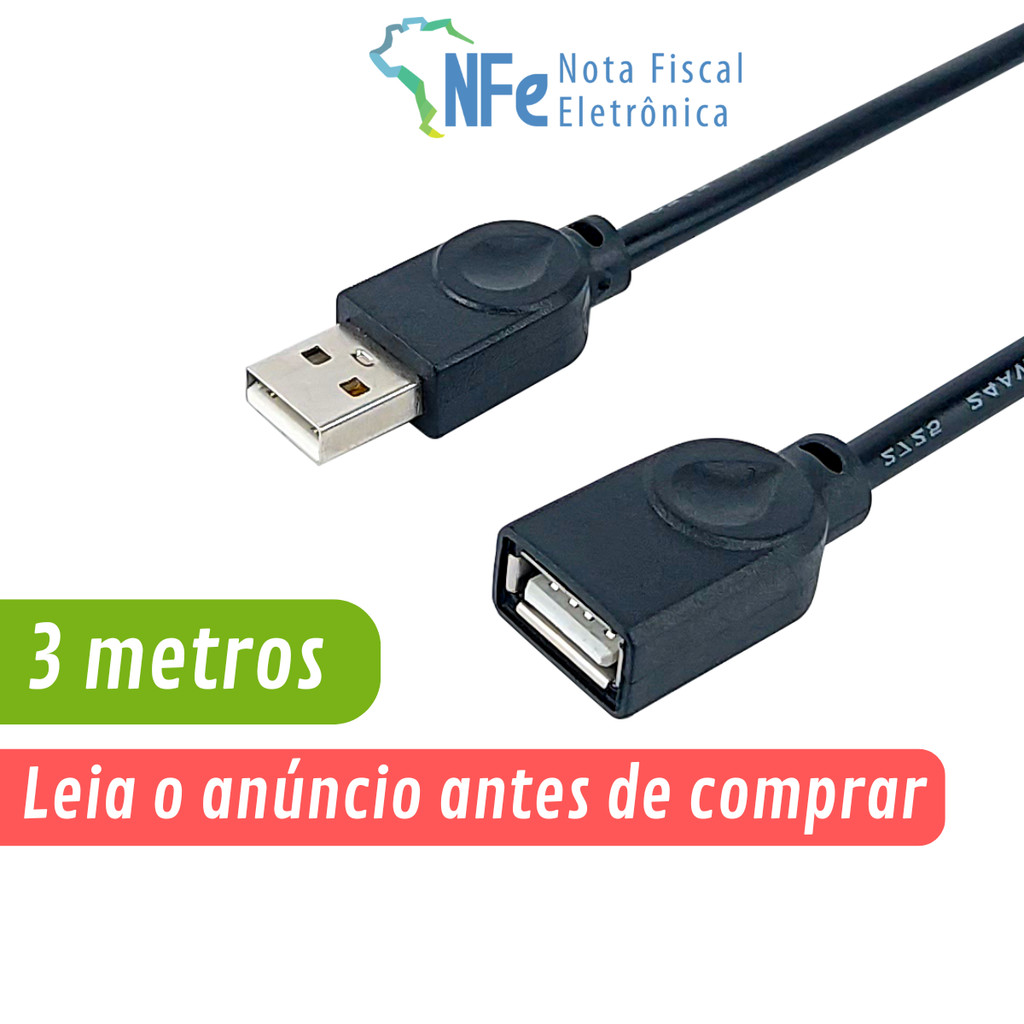 Cabo Extensor USB 2.0 de 3 Metros Macho x Fêmea AM+AF com Filtro - Teclado Mouse Pendrive Impressora