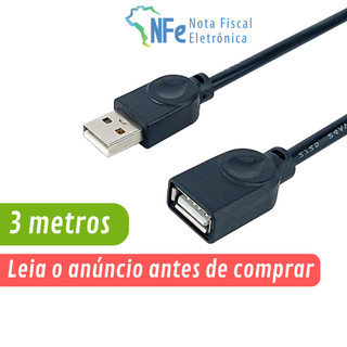 Cabo Extensor USB 2.0 de 3 Metros Macho x Fêmea AM+AF com Filtro - Teclado Mouse Pendrive Impressora
