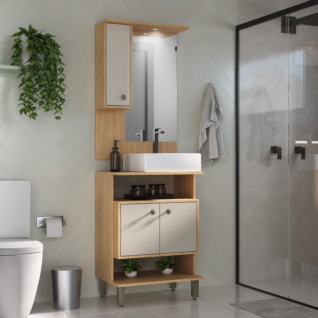 Armário Conjunto de Banheiro com Gabinete, Cuba e Espelheira 2 Porta a com Led na Espeheira Berlin 60 cm - Home & Living