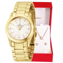 Relógio de Pulso Feminino Champion Dourado CF24000W Conjunto Colar e Brinco Feminino