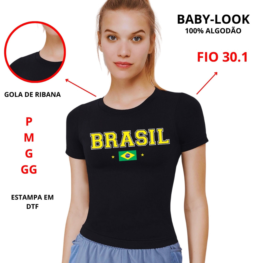 Camiseta Baby look Do Brasil Femenina 100%Algodão Envio Rapido Lançamento Novo Macia e Confortavel Femenino Unissex Desenhos Anime Animação Roupa Camisa Estilosa Pais Time Brazil