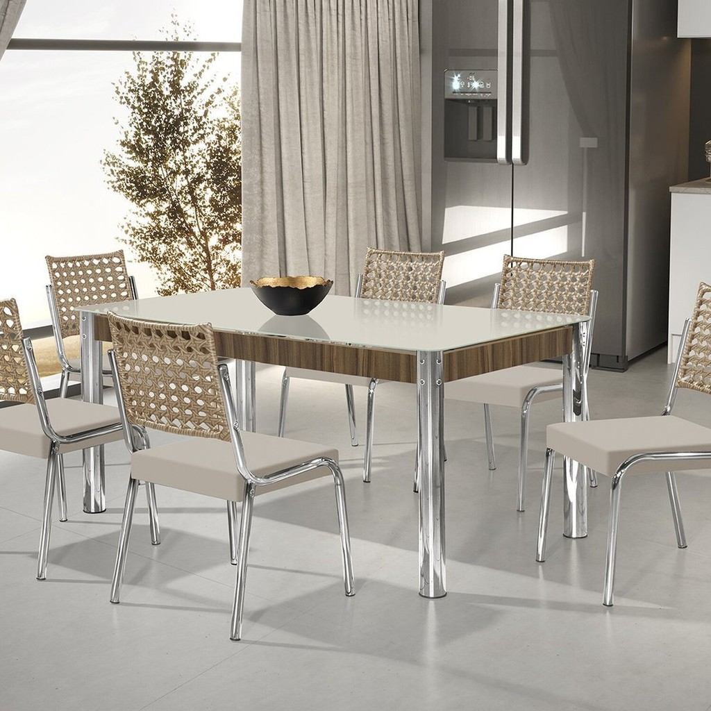 Conjunto Sala de Jantar Mesa Retangular com 6 Cadeiras Natani Cromado/Bege - Home & Living