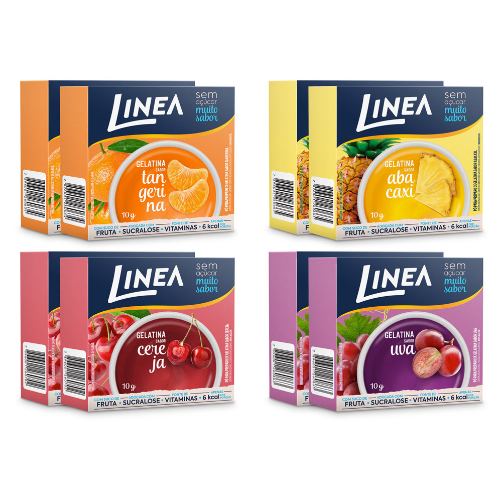 Kit 8 Gelatinas Linea Sabores Abacaxi, Cereja, Tangerina e Uva 10g