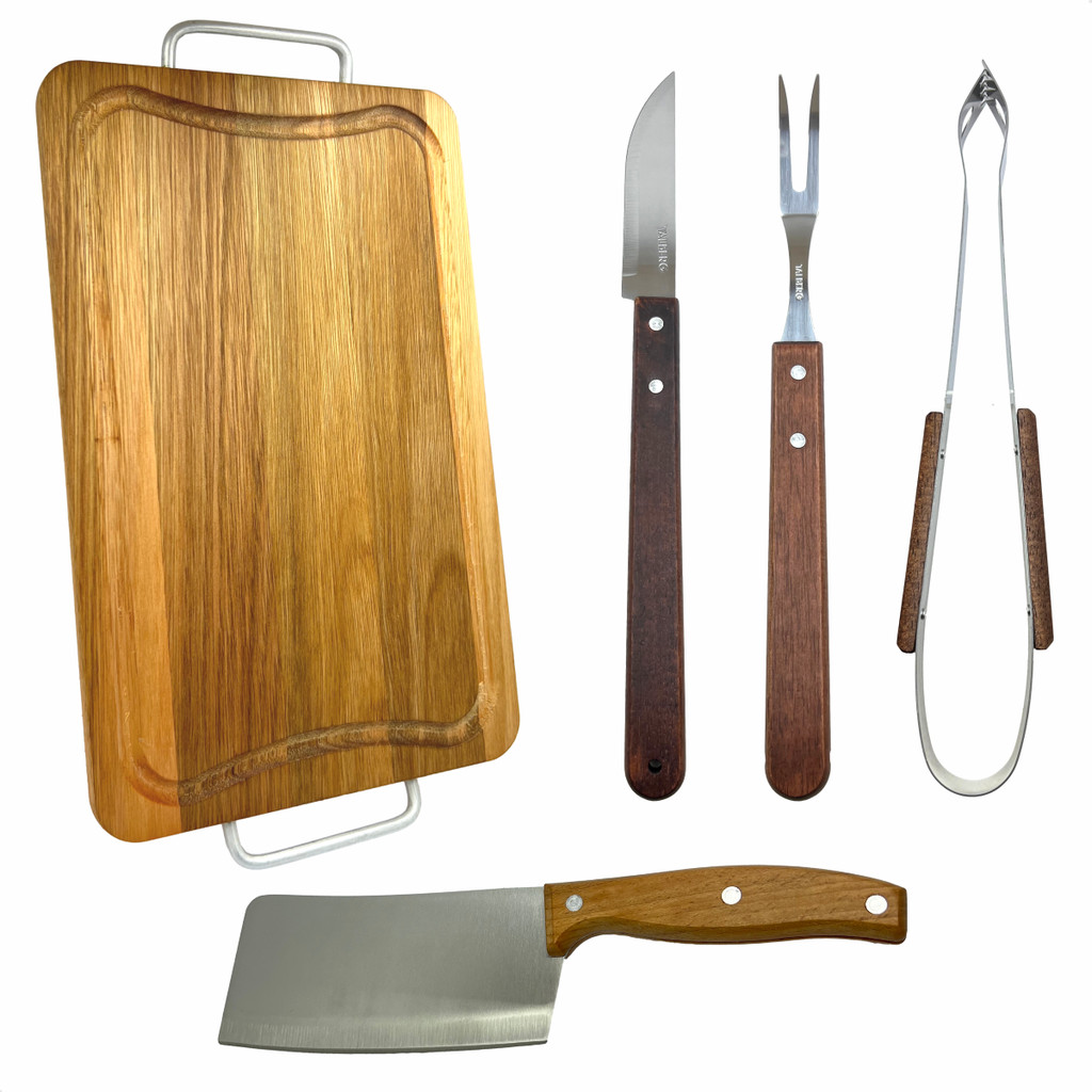 Kit Churrasco Tábua Cutelo + Faqueiro Cabo Longo Madeira Faca Pegador Garfo