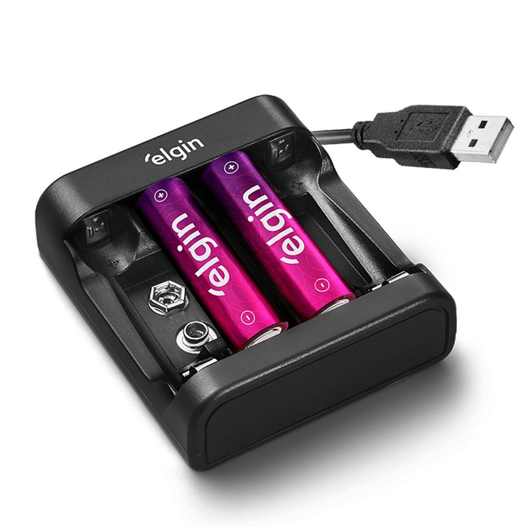 Carregador de Pilhas USB com 2 Pilhas AA 1500 mAh Elgin