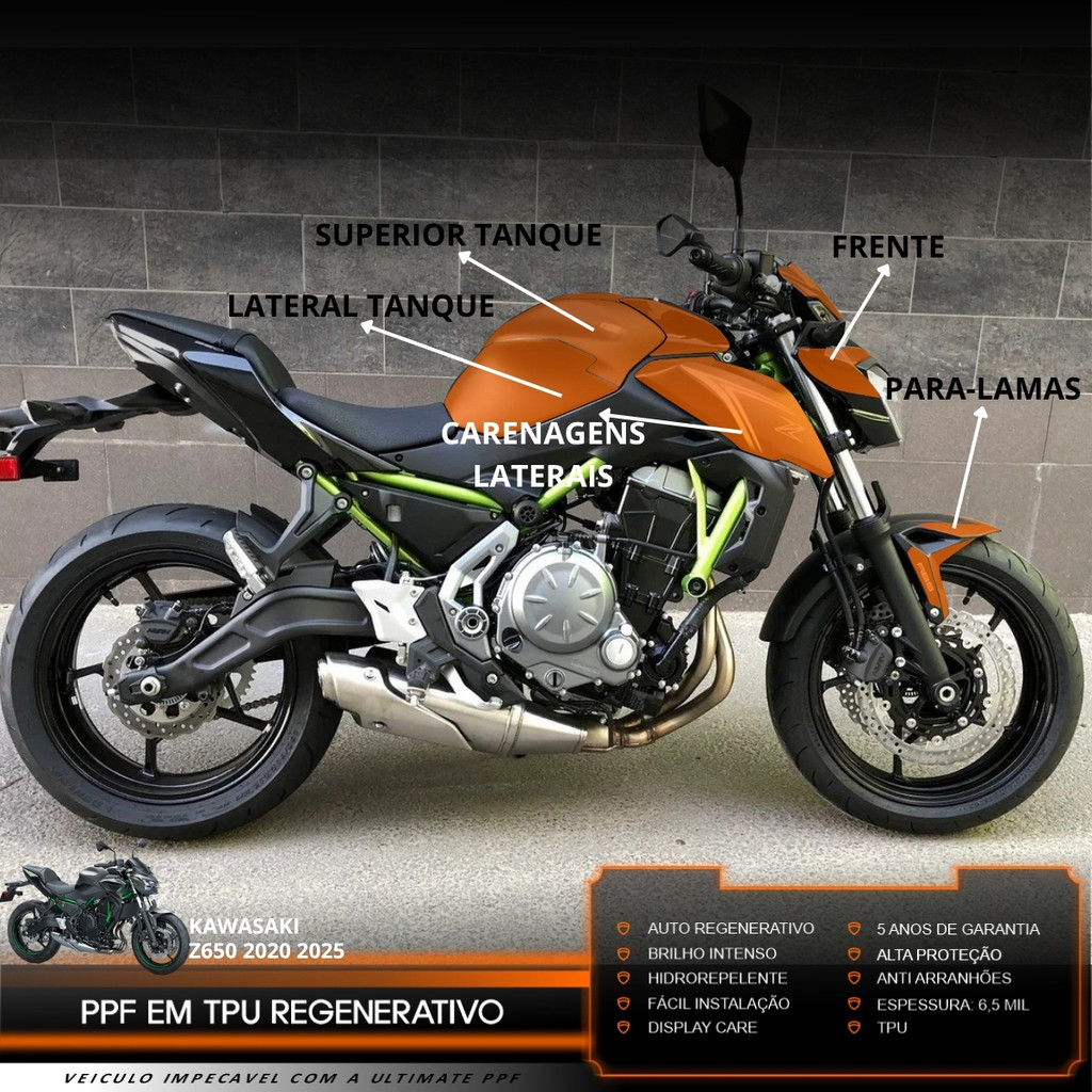 Película PPF Proteção Kit Semi Full Moto Kawasaki Z650 2020 2021 2022 2023 2024 2025 Transparente TPU Anti Risco