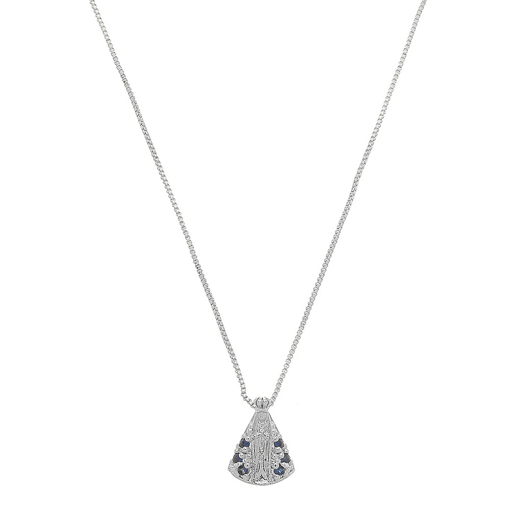 COLAR NOSSA SENHORA APARECIDA MINI ZIRCÔNIAS SAFIRA FOLHEADO EM RÓDIO BRANCO