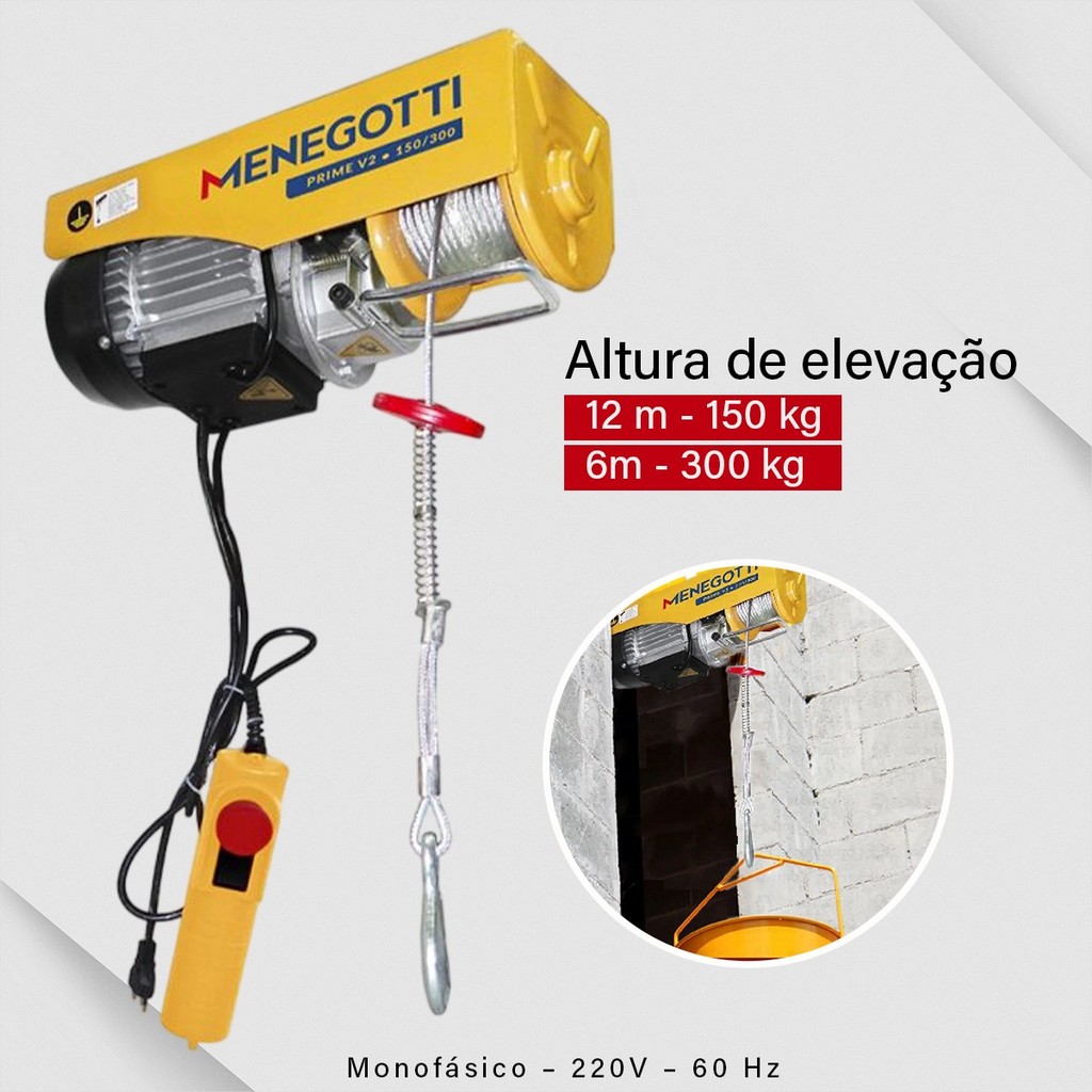 Guincho Elétrico Menegotti Prime v2 150/300kg e 300/600kg Com Cabo de Aço 220v
