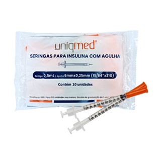Seringa para insulina 0,5mL c/ agulha 6 x 0,25mm pct c/ 10 - Uniqmed em Oferta na Shopee