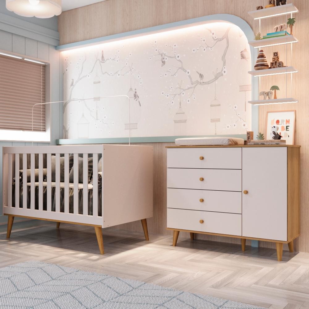 Quarto Bebê Completo Berço Americano Retro 3Em1 Cômoda 4 Gavetas 1 Porta Lígia 100% MDF em Oferta na Shopee