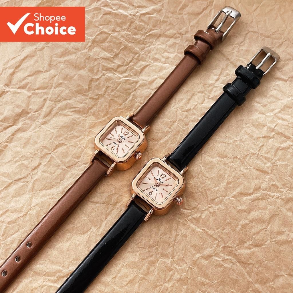 Relógio Quadrado Pequeno Feminino , Movimento De Quartzo , Pulseira De Couro Genic , Estilo Minimalista , Marrom E Preto em Oferta na Shopee