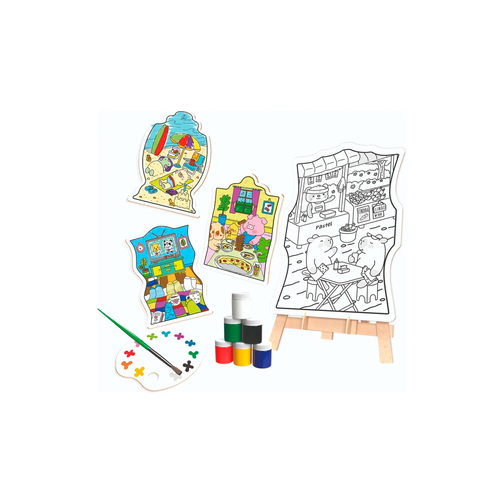 Super Kit Pintura Cozy & Comfy com 4 Telas de Madeira + Cards + Cavalete e 6 Tintas