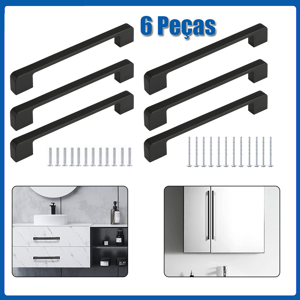 Puxador Alça, puxador de gaveta 200 mm kit 6 peças preto, aluminio para portas gavetas e etc.