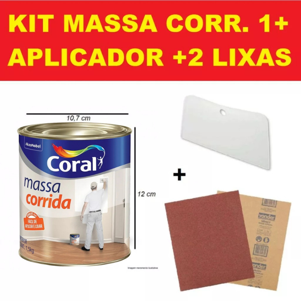 Massa corrida para reparo de parede 1,5kg premium Coral + aplicador de massa + 2 lixas massa
