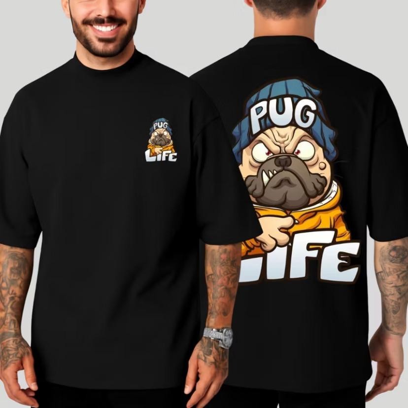 Camiseta Unissex Oversized, Estampa Cachorro Pug “PUG LIFE”, Streetwear Novo