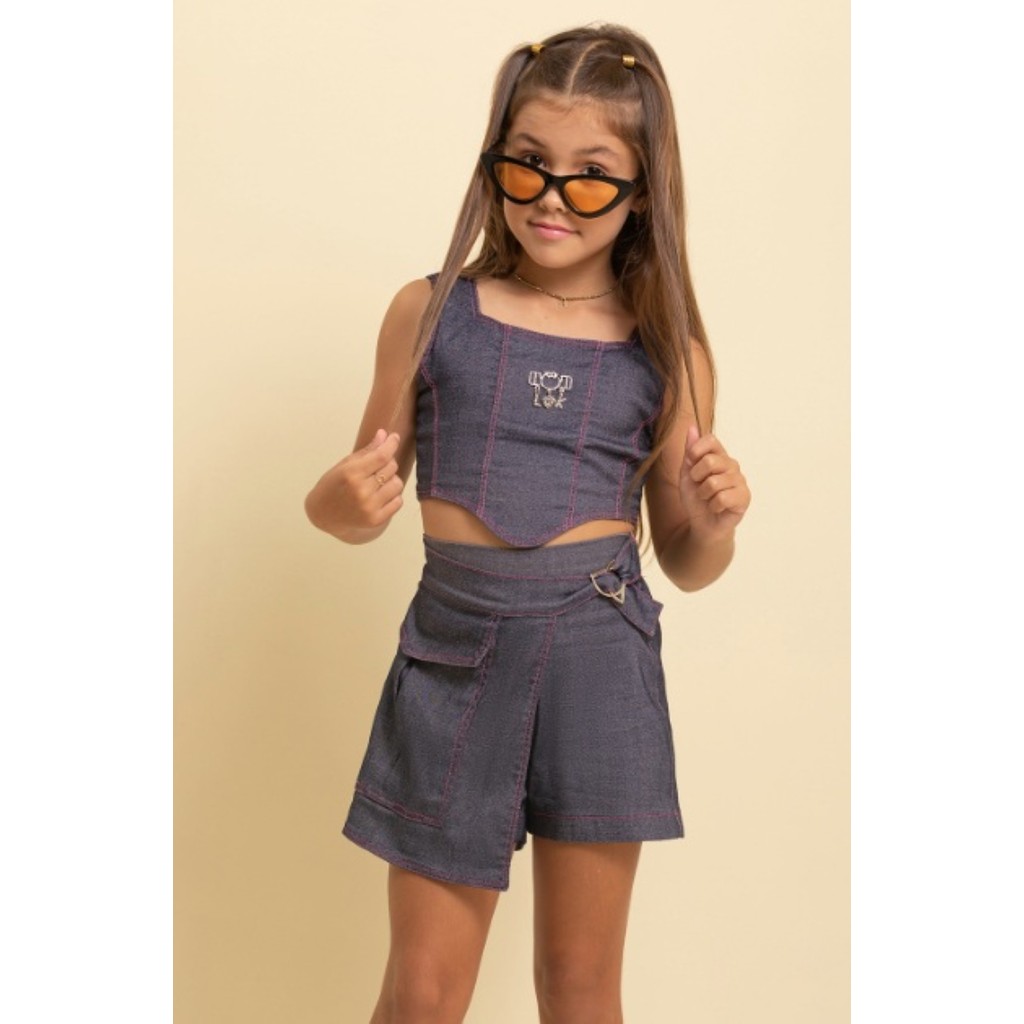 Conjunto Jeans Verão Shorts Saia Top Menina Lessa Kids K158