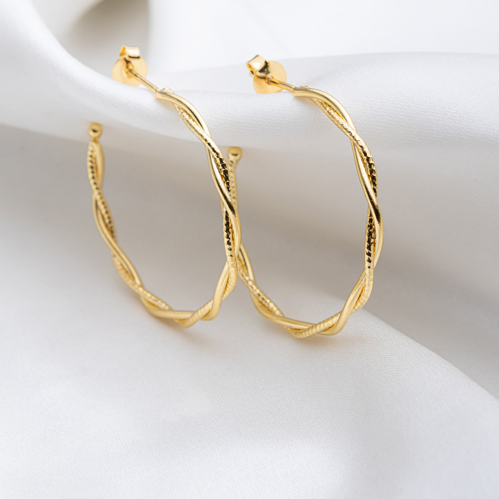 Brinco Argola Feminina Trançada Fio Diamantado Banhado a Ouro 18K - D France Semijóias