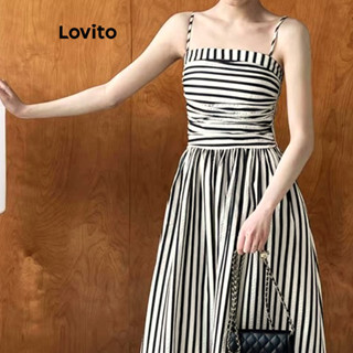 (Trendy) Lovito Vestido casual listrado franzido para mulheres L121MD302 em Oferta na Shopee