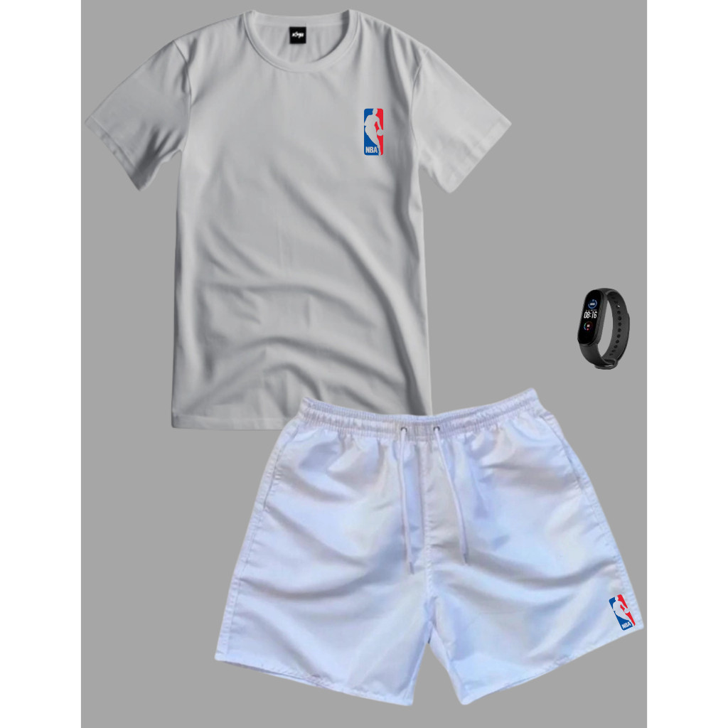 Conjunto Kit NB Camiseta 100% Algodão/ Bermuda tectel BRANCA + relogio digital
