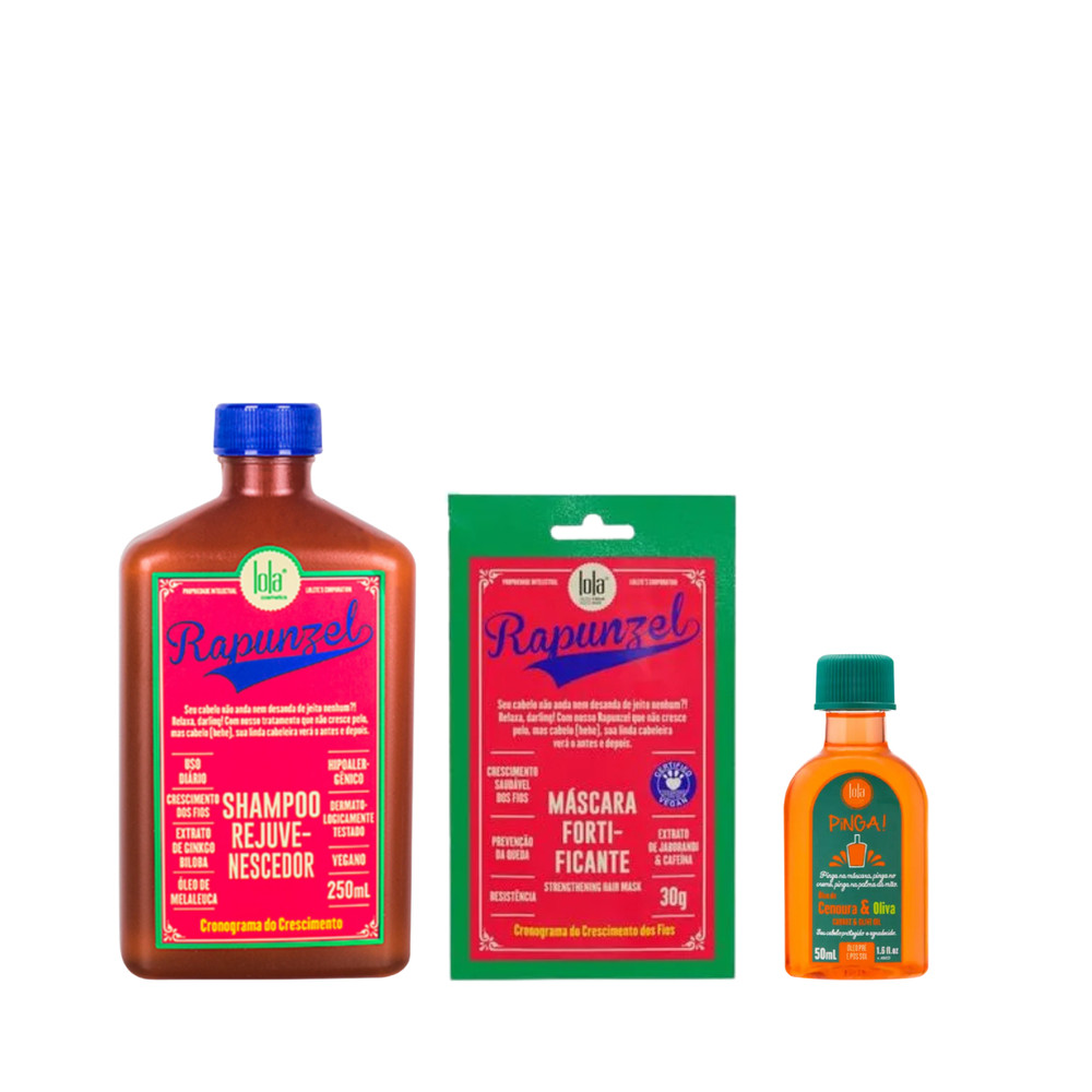 Kit Lola Rapunzel Sh 250ml + Masc Sachê 30g + Pinga! Óleo Cenoura e Oliva 50ml