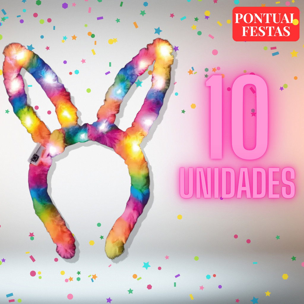 KIT 10 Tiara Coelho Colorida Arco-Iris com LED