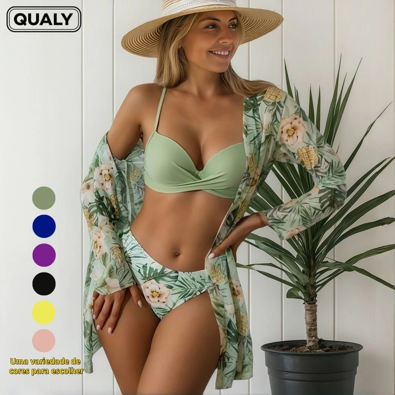 Conjunto Biquíni 3 Peças Feminino biquini Fato de banho Roupa De Banho Com Capa - QUALY