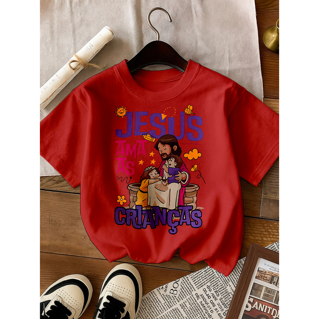 Camiseta Infantil Jesus Ama As Crianças 100% Algodão Fofo Estampa Religiosa