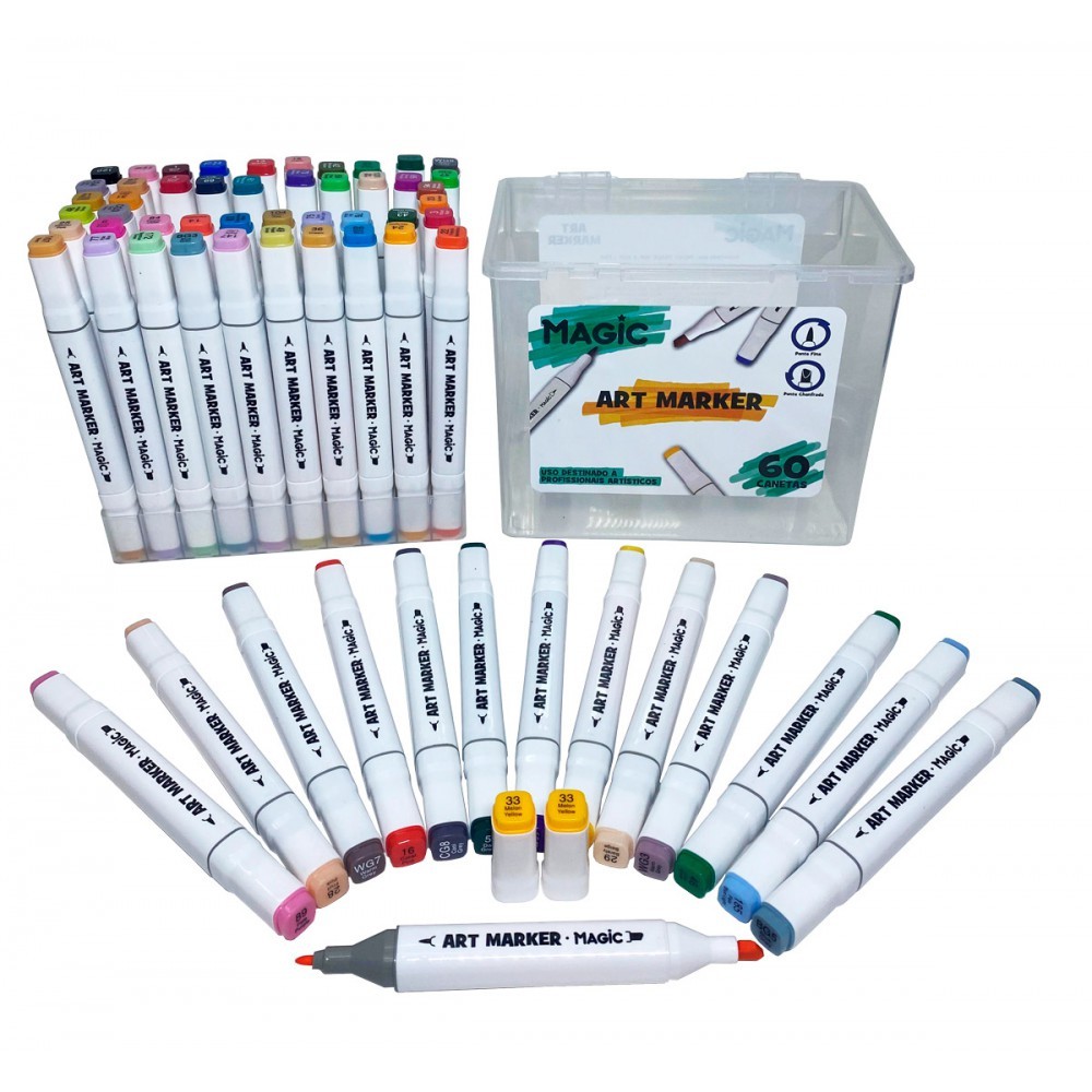 Kit Art Marker 60 Cores - Canetas Marcadoras Ponta Dupla Com Estojo Canetinha Touch em Oferta na Shopee
