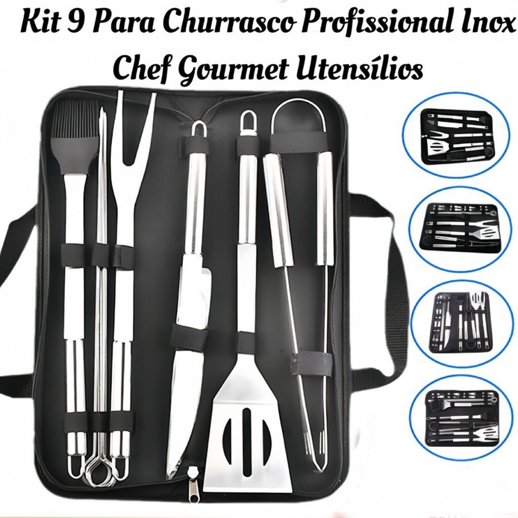 Kit Churrasco Profissional 9 Peças Inox com Estojo Portátil – Facas, Espetos, Garfo, Pegador, Pincel